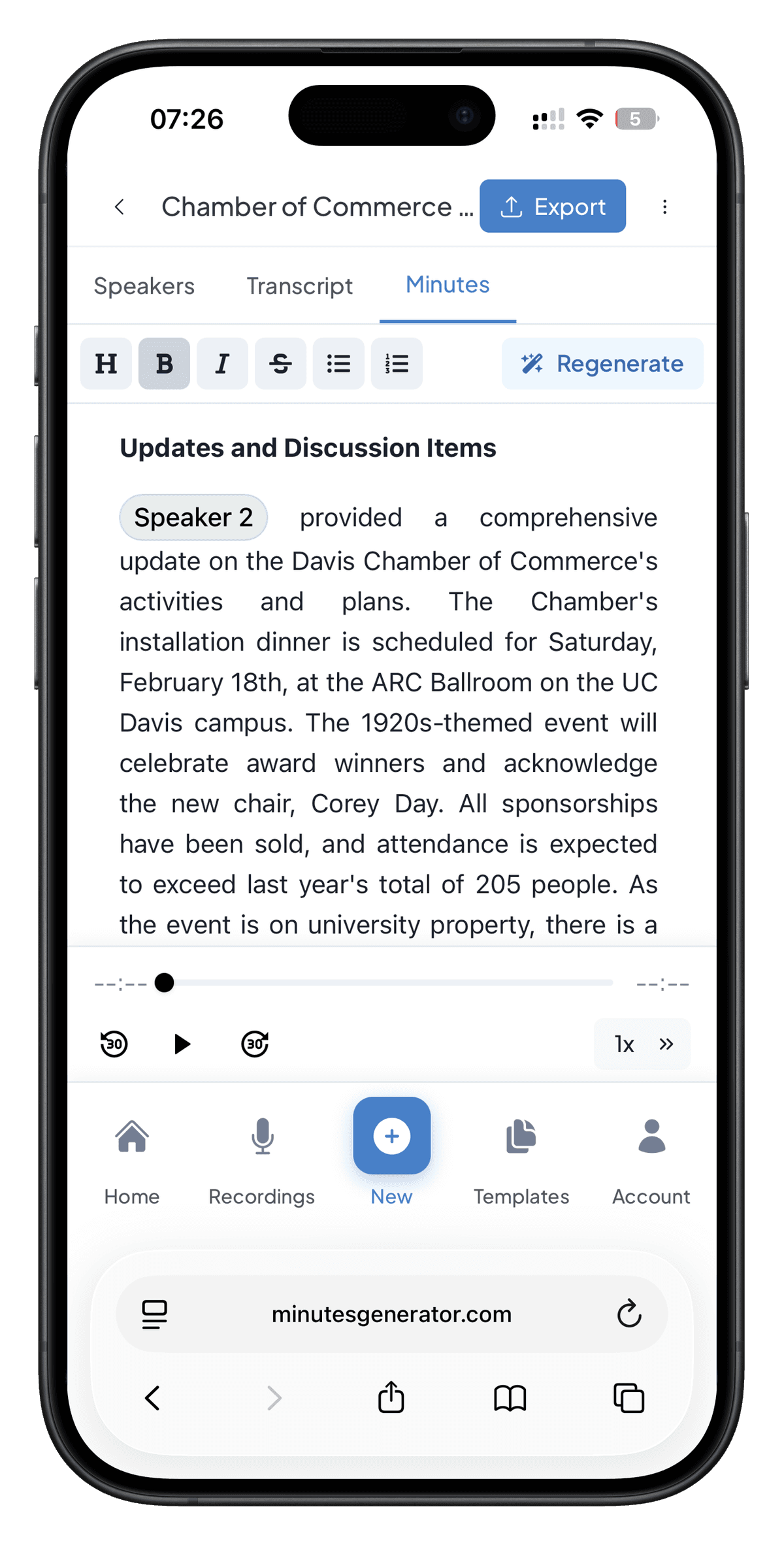 MinutesGenerator Mobile Dashboard